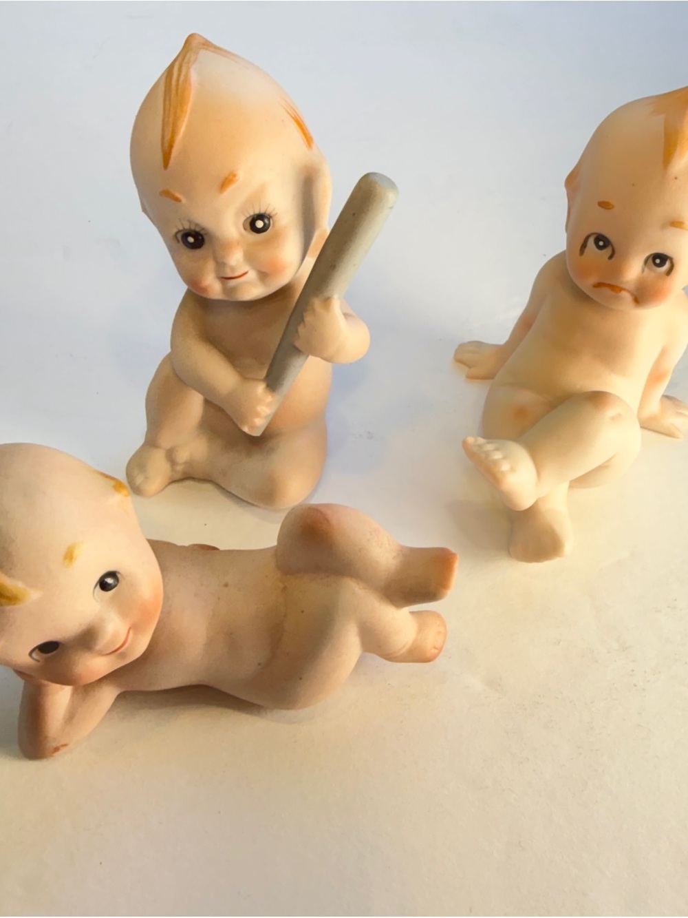 Vintage Kewpie Doll Bisque Lot of 3 Pouty Baby Baseball bat Lounging, Blue Wings